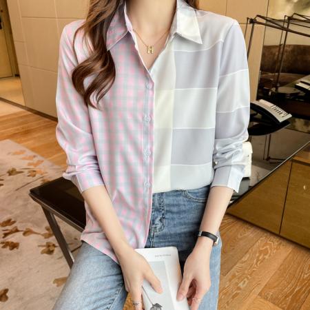FA55001# 洋气休闲春季新款女装翻格子拼接雪纺衫上衣开衫衬衫打底衬衣 服裝批發女裝批發服飾貨源