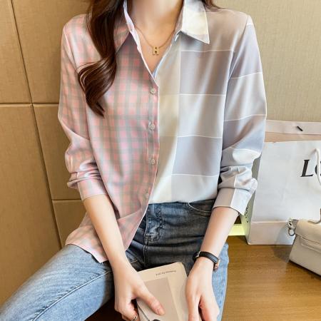 FA55001# 洋气休闲春季新款女装翻格子拼接雪纺衫上衣开衫衬衫打底衬衣 服裝批發女裝批發服飾貨源