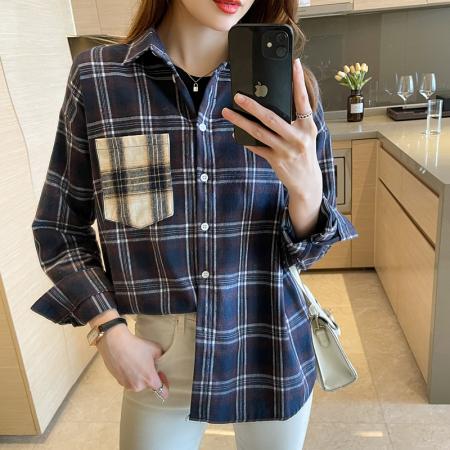 FA55002# 洋气秋季新款女装翻领拼接格子雪纺衫上衣开衫衬衫打底衫衬衣 服裝批發女裝批發服飾貨源