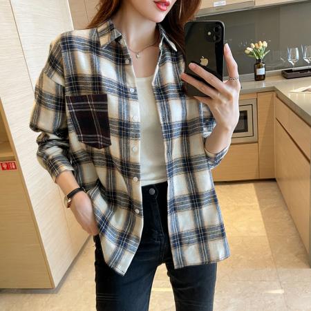 FA55002# 洋气秋季新款女装翻领拼接格子雪纺衫上衣开衫衬衫打底衫衬衣 服裝批發女裝批發服飾貨源