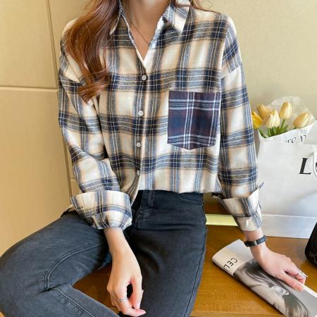 FA55002# 洋气秋季新款女装翻领拼接格子雪纺衫上衣开衫衬衫打底衫衬衣 服裝批發女裝批發服飾貨源