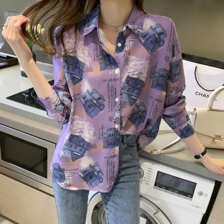 FA55004# 洋气休闲春秋新款女装翻领紫色雪纺衫上衣开衫衬衫打底衫衬衣 服裝批發女裝批發服飾貨源