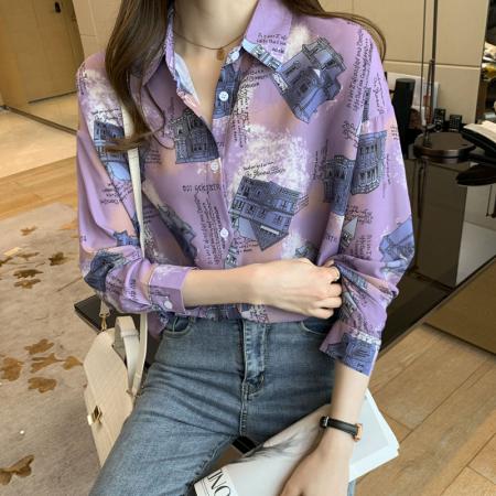 FA55004# 洋气休闲春秋新款女装翻领紫色雪纺衫上衣开衫衬衫打底衫衬衣 服裝批發女裝批發服飾貨源