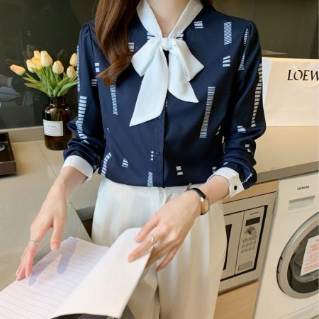 FA55005# 洋气春秋季新女装蝴蝶结系带雪纺衫上衣显瘦开衫衬衫女打底衫 服裝批發女裝批發服飾貨源