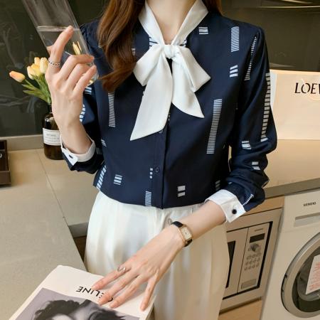 FA55005# 洋气春秋季新女装蝴蝶结系带雪纺衫上衣显瘦开衫衬衫女打底衫 服裝批發女裝批發服飾貨源