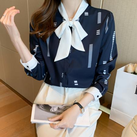 FA55005# 洋气春秋季新女装蝴蝶结系带雪纺衫上衣显瘦开衫衬衫女打底衫 服裝批發女裝批發服飾貨源