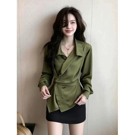 FA55008# 法式小资绿色衬衫女早春高级感轻奢减龄洋气独特漂亮掐腰上衣 服裝批發女裝批發服飾貨源