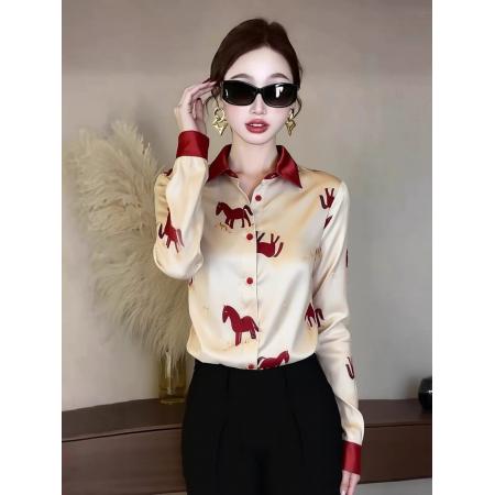 FA55010# 香槟色印花衬衫女新款春高级感轻奢减龄洋气职业法式小资上衣 服裝批發女裝批發服飾貨源