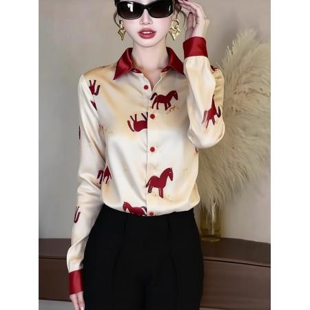 FA55010# 香槟色印花衬衫女新款春高级感轻奢减龄洋气职业法式小资上衣 服裝批發女裝批發服飾貨源