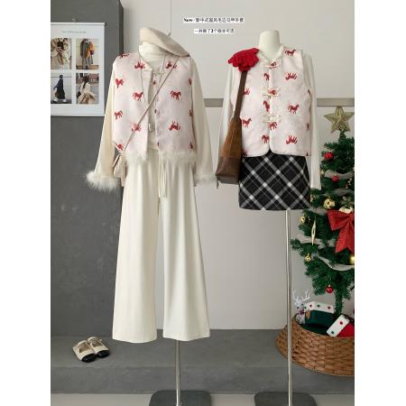 FA55011# 冬季新中式复古红色小马盘扣毛毛边马甲国风背心外套女 服裝批發女裝批發服飾貨源