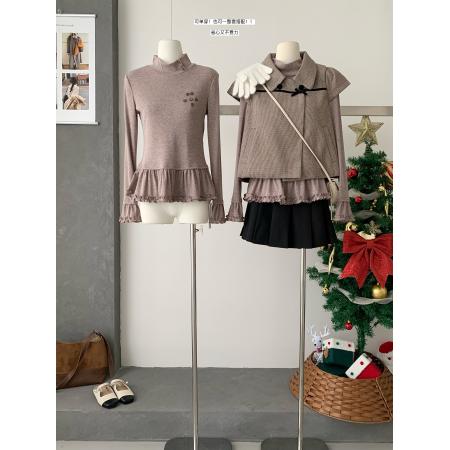 FA55012# 韩系减龄两件套女木耳边打底衫格纹POLO领开衫两件套装 服裝批發女裝批發服飾貨源