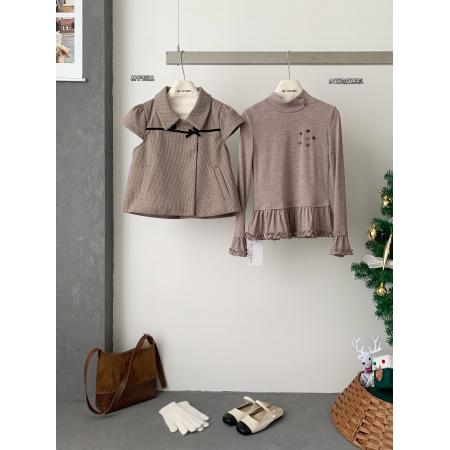 FA55012# 韩系减龄两件套女木耳边打底衫格纹POLO领开衫两件套装 服裝批發女裝批發服飾貨源