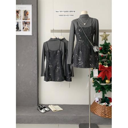 FA55013# 韩系气质吊带裙亮片吊带连衣裙+半高领打底长袖T恤两件套套装 服裝批發女裝批發服飾貨源