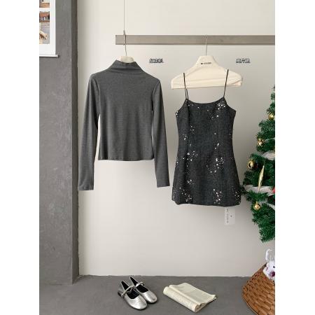 FA55013# 韩系气质吊带裙亮片吊带连衣裙+半高领打底长袖T恤两件套套装 服裝批發女裝批發服飾貨源