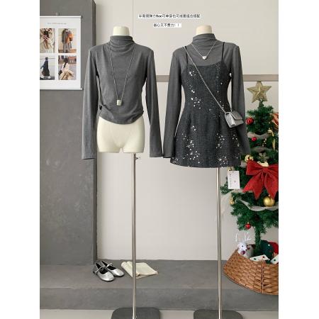 FA55013# 韩系气质吊带裙亮片吊带连衣裙+半高领打底长袖T恤两件套套装 服裝批發女裝批發服飾貨源