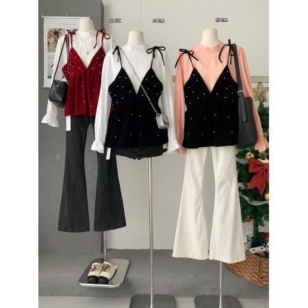 FA55014# 韩系气质法式喇叭袖衬衫+钉珠丝绒吊带背心上衣两件套装 服裝批發女裝批發服飾貨源