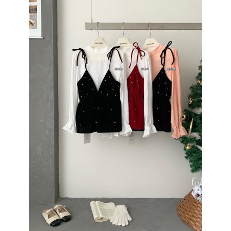 FA55014# 韩系气质法式喇叭袖衬衫+钉珠丝绒吊带背心上衣两件套装 服裝批發女裝批發服飾貨源