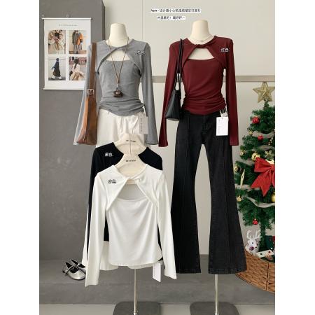 FA55015# 升温薄绒扭结镂空长袖T恤弹力打底衫上衣 服裝批發女裝批發服飾貨源