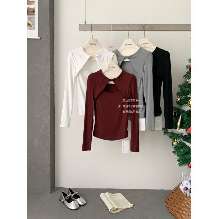 FA55015# 升温薄绒扭结镂空长袖T恤弹力打底衫上衣 服裝批發女裝批發服飾貨源