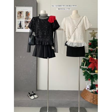 FA55016# 法式重工亮片针织衫女荷叶边打底衫显瘦薄纱半高领气质两件套装 服裝批發女裝批發服飾貨源