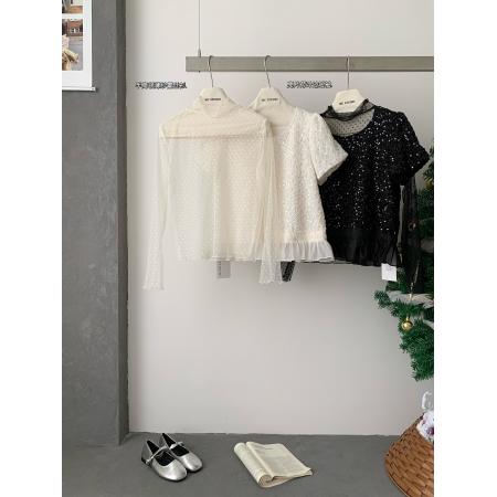 FA55016# 法式重工亮片针织衫女荷叶边打底衫显瘦薄纱半高领气质两件套装 服裝批發女裝批發服飾貨源