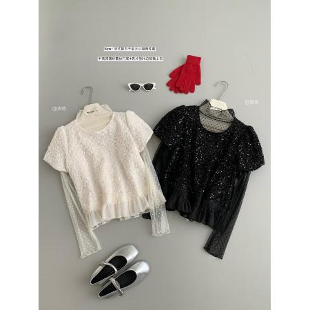 FA55016# 法式重工亮片针织衫女荷叶边打底衫显瘦薄纱半高领气质两件套装 服裝批發女裝批發服飾貨源