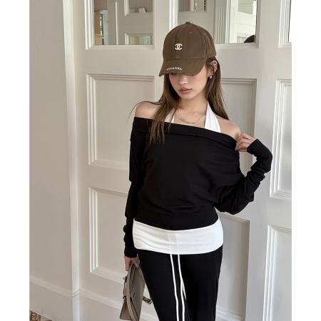 FA55017# 秋冬新款挂脖假两件上衣一字肩卫衣女微喇长腿休闲裤套装 服裝批發女裝批發服飾貨源