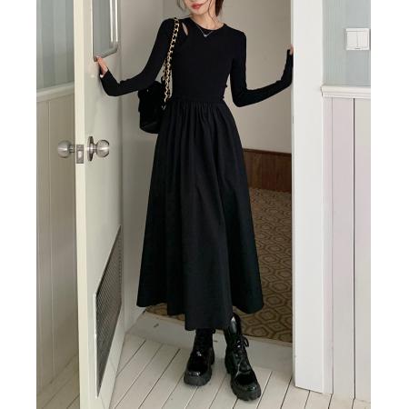 FA55022# 春装新款设计感镂空针织长袖连衣裙女气质修身显瘦长裙 服裝批發女裝批發服飾貨源