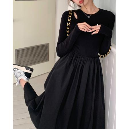 FA55022# 春装新款设计感镂空针织长袖连衣裙女气质修身显瘦长裙 服裝批發女裝批發服飾貨源