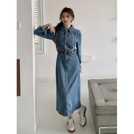 FA55023# 春装新款牛仔裙连衣裙后开叉女直筒裙气质收腰显瘦长裙子 服裝批發女裝批發服飾貨源