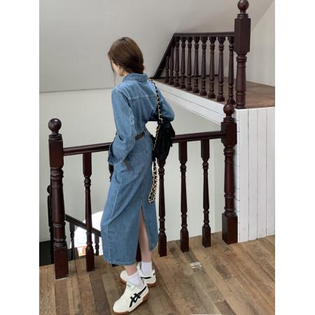 FA55023# 春装新款牛仔裙连衣裙后开叉女直筒裙气质收腰显瘦长裙子 服裝批發女裝批發服飾貨源