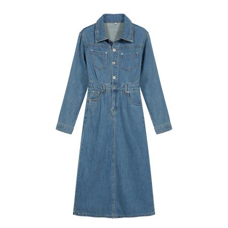 FA55023# 春装新款牛仔裙连衣裙后开叉女直筒裙气质收腰显瘦长裙子 服裝批發女裝批發服飾貨源