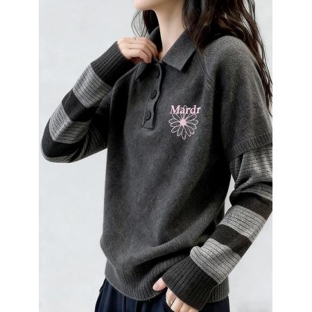 FA55026# 炭灰色polo领条纹假两件针织衫秋冬季新款通勤休闲毛衣上衣女 服裝批發女裝批發服飾貨源