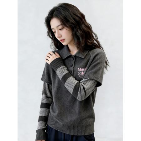 FA55026# 炭灰色polo领条纹假两件针织衫秋冬季新款通勤休闲毛衣上衣女 服裝批發女裝批發服飾貨源