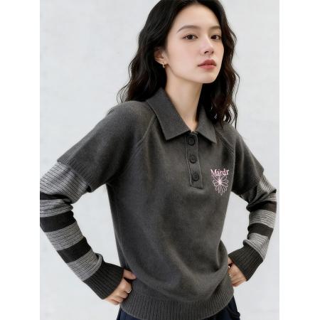 FA55026# 炭灰色polo领条纹假两件针织衫秋冬季新款通勤休闲毛衣上衣女 服裝批發女裝批發服飾貨源