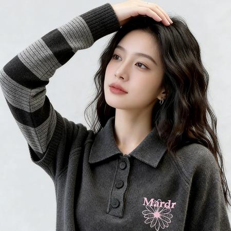 FA55026# 炭灰色polo领条纹假两件针织衫秋冬季新款通勤休闲毛衣上衣女 服裝批發女裝批發服飾貨源