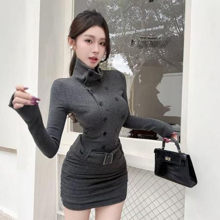 FA55027# 纯欲复古辣妹高领连衣裙秋冬时尚内搭收腰显瘦包臀裙 服裝批發女裝批發服飾貨源