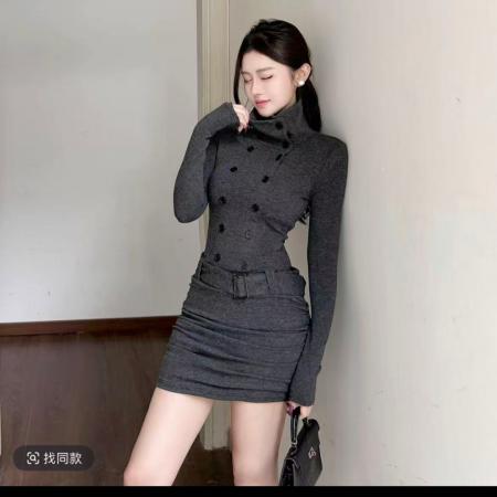 FA55027# 纯欲复古辣妹高领连衣裙秋冬时尚内搭收腰显瘦包臀裙 服裝批發女裝批發服飾貨源