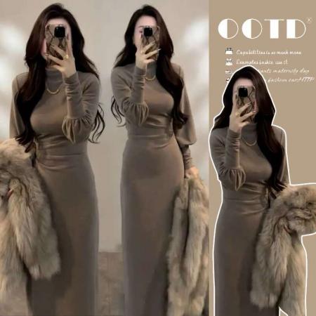 FA55028# 秋冬法式高级感连衣裙子内搭打底裙气质过膝长裙 服裝批發女裝批發服飾貨源