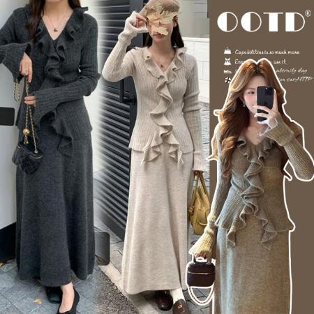 FA55029# 花边针织连衣裙子秋冬季新款修身内搭长裙套装 服裝批發女裝批發服飾貨源