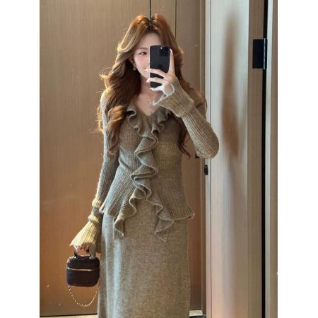 FA55029# 花边针织连衣裙子秋冬季新款修身内搭长裙套装 服裝批發女裝批發服飾貨源