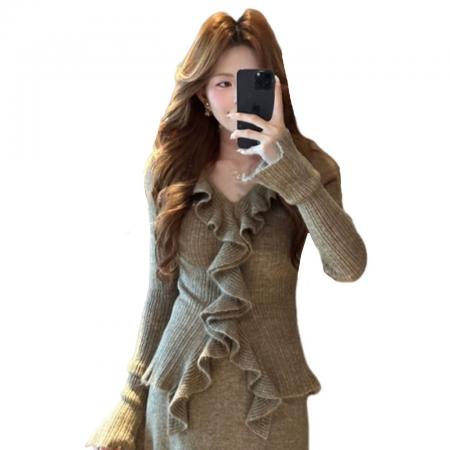 FA55029# 花边针织连衣裙子秋冬季新款修身内搭长裙套装 服裝批發女裝批發服飾貨源