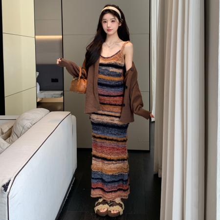 FA55032# 秋冬新款连衣裙孕期穿搭毛衣开衫条纹背带裙套装 服裝批發女裝批發服飾貨源