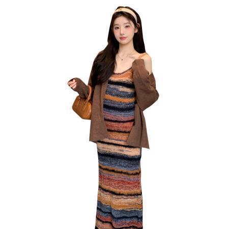 FA55032# 秋冬新款连衣裙孕期穿搭毛衣开衫条纹背带裙套装 服裝批發女裝批發服飾貨源