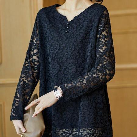 FA55034# 蕾丝上衣女长袖中长款大码雷丝小衫宽松遮肚子打底衫 服裝批發女裝批發服飾貨源