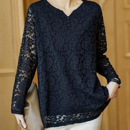 FA55034# 蕾丝上衣女长袖中长款大码雷丝小衫宽松遮肚子打底衫 服裝批發女裝批發服飾貨源