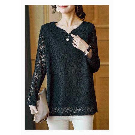 FA55034# 蕾丝上衣女长袖中长款大码雷丝小衫宽松遮肚子打底衫 服裝批發女裝批發服飾貨源