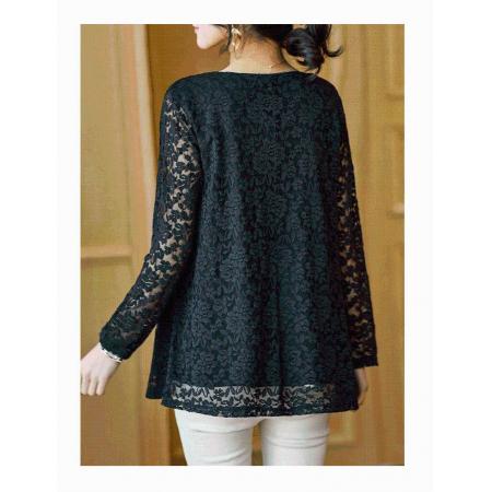 FA55034# 蕾丝上衣女长袖中长款大码雷丝小衫宽松遮肚子打底衫 服裝批發女裝批發服飾貨源