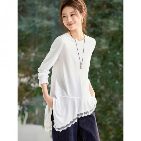 FA55035# 氧气蕾丝罩衫T恤26春款圆领不规则下摆叠穿屁帘T恤 服裝批發女裝批發服飾貨源