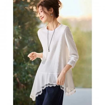 FA55035# 氧气蕾丝罩衫T恤26春款圆领不规则下摆叠穿屁帘T恤 服裝批發女裝批發服飾貨源